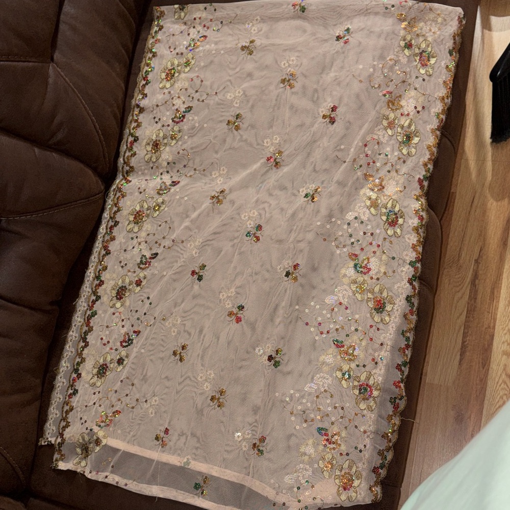 Embroidered Peach colored Scarf Floral Sheer Fabric